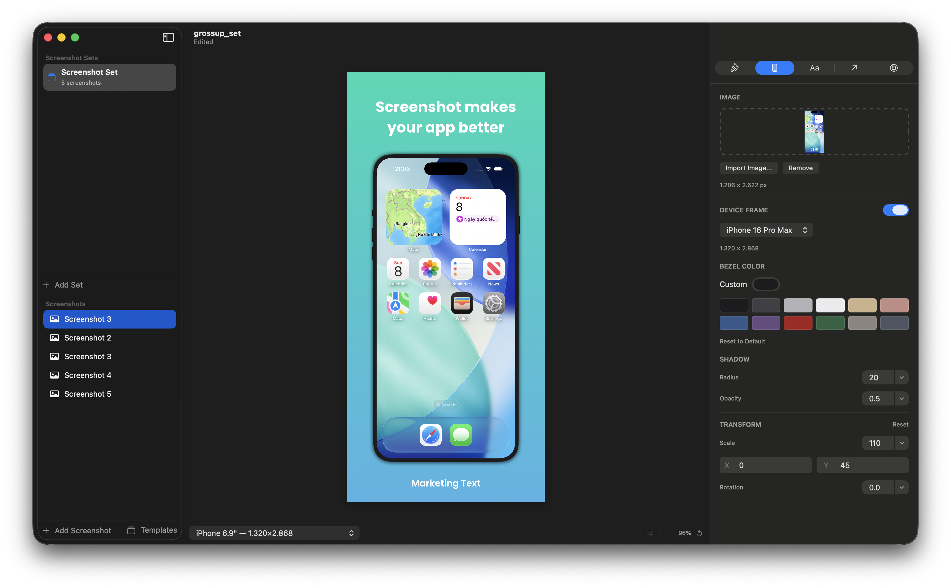 Snapsmith device frame and transform controls